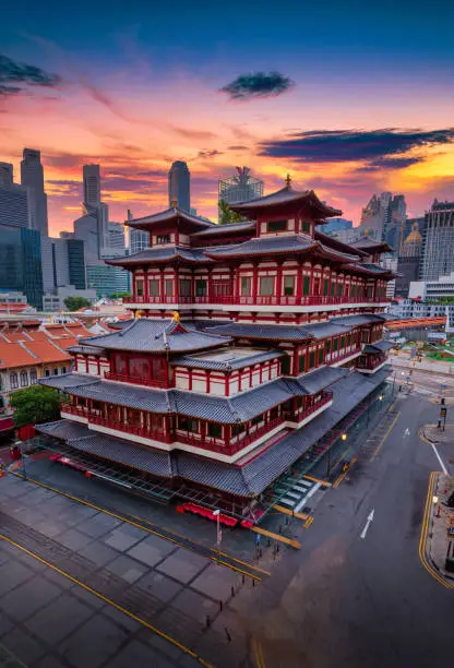 Photo of Buddha Tooth Relic Temple at sunrise in China town, Singapore.