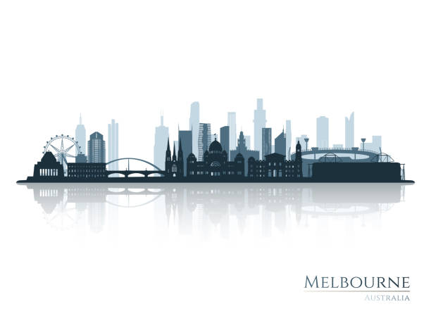 メルボルンのスカイラインのシルエットと反射。ランドスケープメルボルン、オーストラリア。ベクターイラストレーション。 - melbourne skyline australia city点のイラスト素材／クリップアート素材／マンガ素材／アイコン素材