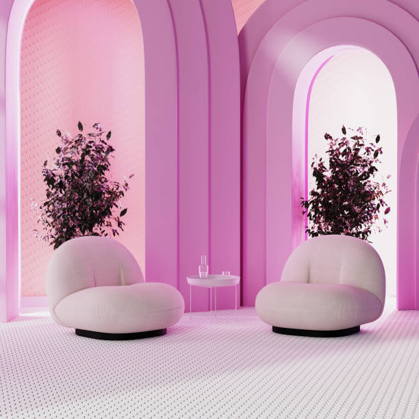 chambre rose avec néon et arches avec plante en pot, chaises design avec table basse avec verres à l’eau, rendu 3d - restaurant vehicle interior luxury indoors photos et images de collection