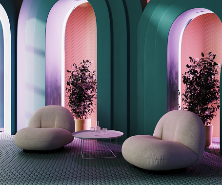 Armchairs with coffee table with glasses of water, arches with pink neon light, pink wall, 3d rendering