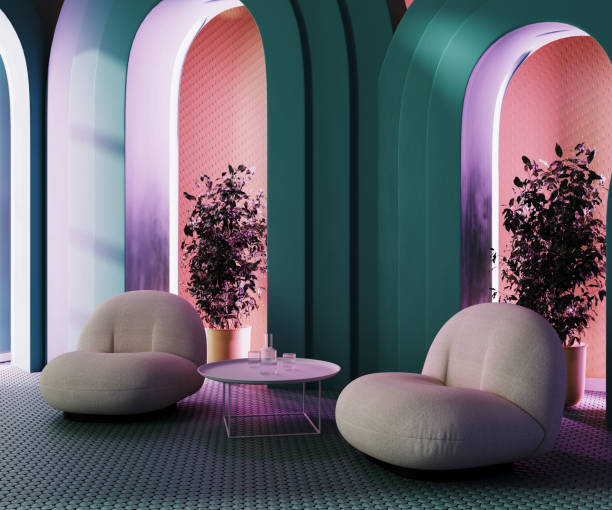 armchairs with coffee table with glasses of water, arches with pink neon light, pink wall, 3d rendering - vehicle interior green sofa indoors imagens e fotografias de stock