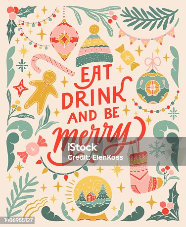 istock Eat, drink and be Merry. Vintage greeting card. Linocut typographic banner. Colorful floral elements. Christmas decorations, snow ball, garlands, sock, ginger cookie, candies illustrations. 1406955127