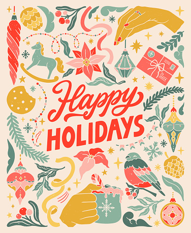 Happy holidays. Vintage greeting card. Linocut typographic banner. Colorful floral elements. Christmas decorations, snow ball, garlands, sock, ginger cookie, candies illustrations.