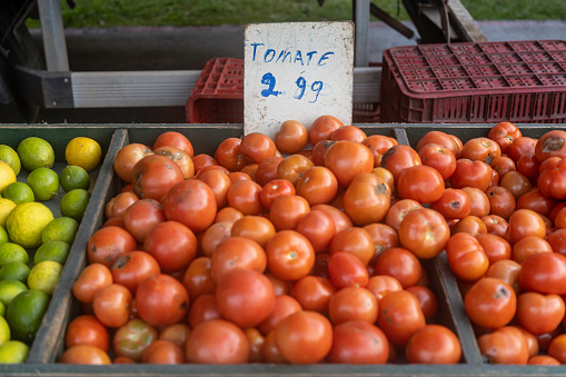 French market tomato display.   Various colours