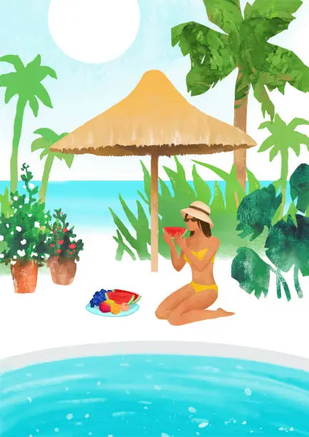 Vector illustration of Summer vector vacation concept. Beautiful girl with fruit beside water pool. Vector hand drawn illustration with palm trees, tropical beach, pool and woman. Collage with watercolor texture