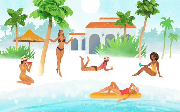 istock Beautiful girls relaxing on a tropical beach. Summer vacation concept. Vector hand drawn illustration with palm trees, cottage, sea and women. All elements are individual objects 1406956923
