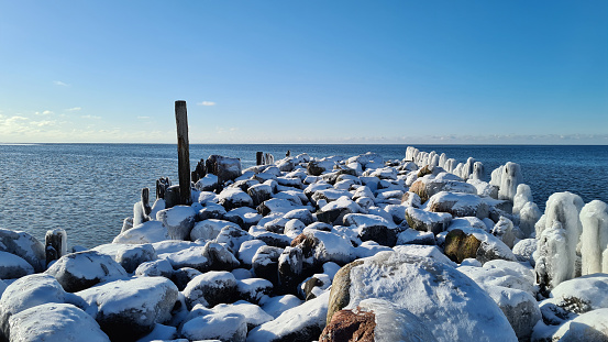 frozen wooden poles on the sea shore with blue water and blue sky on a sunny winter day. winter landscape