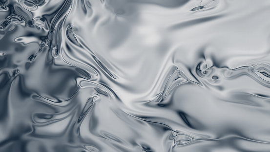 Closeup of Abstract Smooth Chromatic Silver fluid waves background. Liquid holographic colorful texture background. Highly-textured. High quality details.