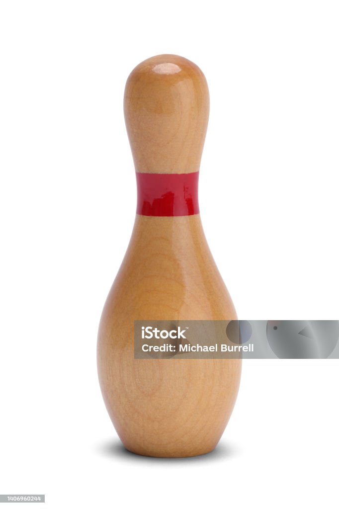 Wooden Bowling Pin Wood Bowling Pin with Red Stripe Cut Out on White. Bowling Pin Stock Photo