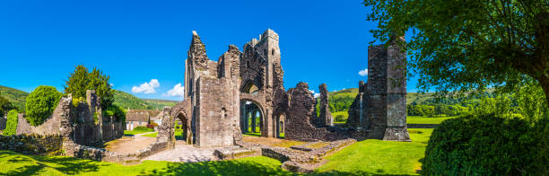 Medieval ruins of Llanthony Priory deep in Black Mountains panorama