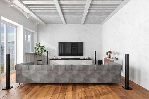 Modern Living Room Interior With Smart TV, Soundbar And Sofa