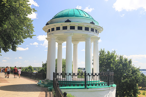 Gazebo on the bank of the Volga river. Russia, Yaroslavl, July 3, 2022