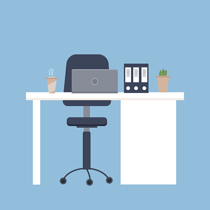 Office desk and armchair with folders of plant and coffee on blue background. Vector isolated image for use in web design