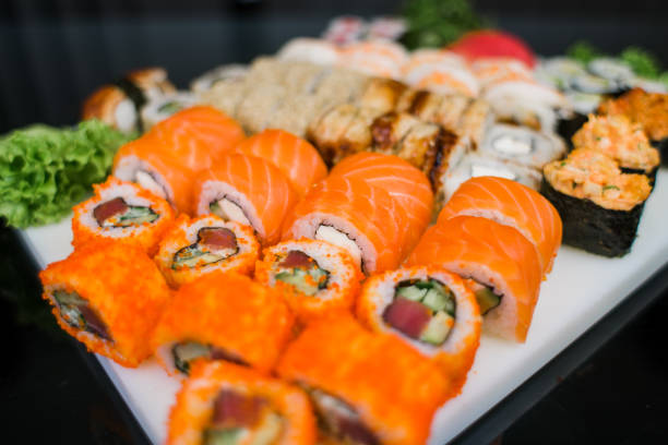 istock set of rolls set sushi with avocado shrimp salmon and eel 1406968735