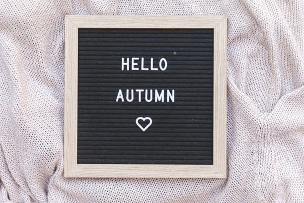 istock Autumnal Background. Black letter board with text phrase Hello Autumn lying on white knitted sweater. Top view, flat lay. Thanksgiving banner. Hygge mood cold weather concept 1406968852