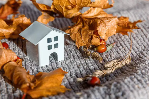 Photo of Autumnal Background. Toy house and dried orange fall maple leaves on grey knitted sweater. Thanksgiving banner copy space. Hygge mood cold weather concept. Hello Autumn with family