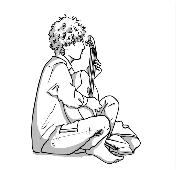 Vector illustration of Street Guitarist Playing Barefeet Sketch