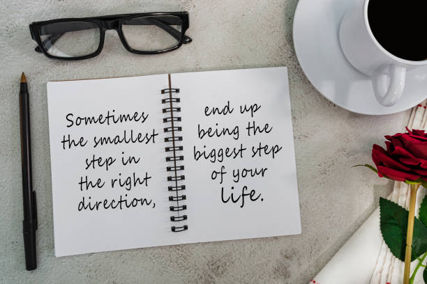istock Motivational and inspirational quote on notebook on white marble table. 1406969665