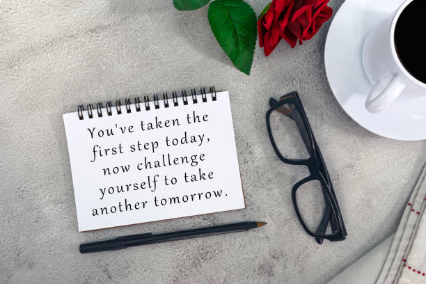 istock Motivational and inspirational quote on notebook on white marble table. 1406969668