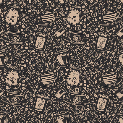 Vector hand drawn seamless pattern. Various cups sketch style drawn background with sugar, spoons, bubbles and coffee beans. Hand drawn linear graphic backdrop