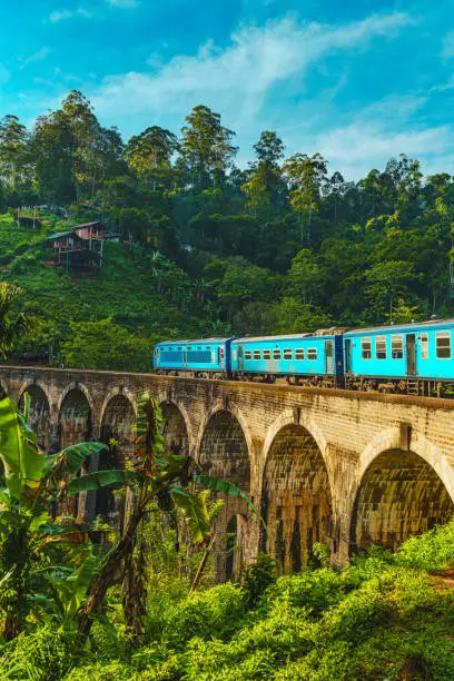 Iconic train passing over Nine Arch Bridge in Demodara, Ella, Sri Lanka