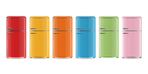 вектор 3d реалистичный красный, желтый, оранжевый, синий, зеленый, розовый холодильник иконка набор изолированный. вертикальные холодильник - symbol computer icon refrigerator application software stock illustrations