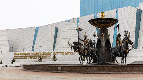 Nur Sultan (Astana), Kazakhstan, 11.11.21. Saka Warriors fountain in front of the National Museum of the Republic of Kazakhstan.