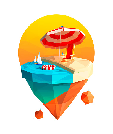 Flying Island with Sea, Tourism, Travel, relaxing on the beach Deck chair and umbrella, triangles illustration. Vector illustration.