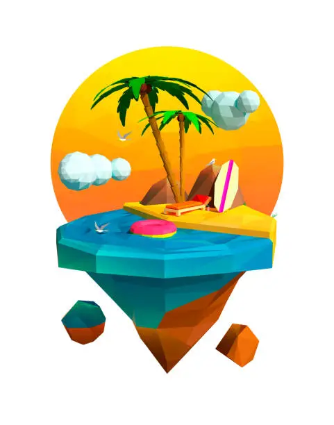 Vector illustration of Flying Island with Sea, Palm Trees, Surfboard, Tourism, Travel, Triangles Illustration