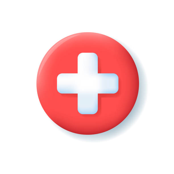 istock Red circle button with white plus. Ferst aid, health care, emergency help 3d icon. 1406982648