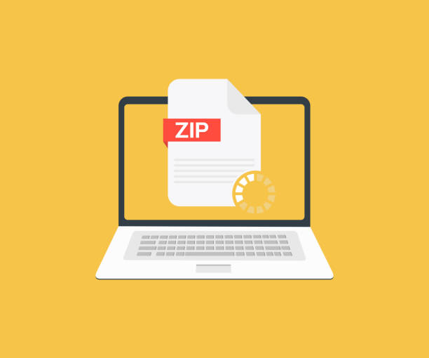 노트북 및 다운로드 zip 파일, 화면에 zip 파일 문서. zip 버튼 벡터 디자인 및 일러스트레이션을 다운로드합니다. - filing documents mail data network server stock illustrations