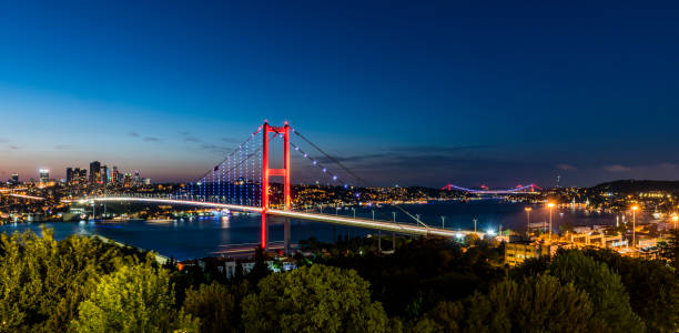 istock ISTANBUL, TURKEY. Panoramic view of Istanbul Bosphorus on sunset. Istanbul Bosphorus Bridge (15 July Martyrs Bridge. Turkish: 15 Temmuz Sehitler Koprusu). Beautiful cloudy blue sky. 1406984065