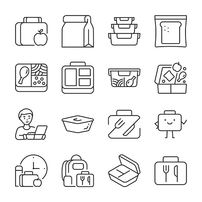 Food in a container icons set. Breakfast, lunch to go. Meals to go. A set of rations for school or work, linear icon collection. Editable stroke