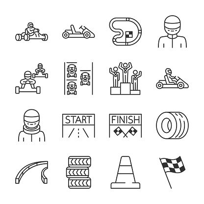 Karting icons set. Kart racing, linear icon collection. Road racing on go-karts, shifter karts. Attributes. Editable stroke