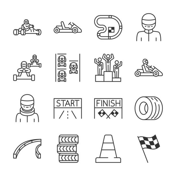 Karting icons set. Kart racing, linear icon collection. Road racing on go-karts, shifter karts. Attributes. Line with editable stroke Karting icons set. Kart racing, linear icon collection. Road racing on go-karts, shifter karts. Attributes. Editable stroke go carting stock illustrations