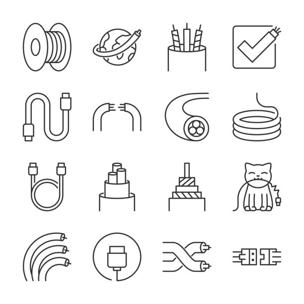 ilustraciones, imágenes clip art, dibujos animados e iconos de stock de conjunto de iconos de cable digital.  cables de varios tipos y propósitos. telecomunicaciones, internet, telefonía, colección de iconos lineales. línea con trazo editable - cable