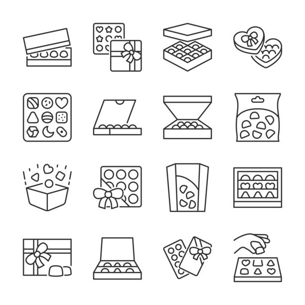 süßigkeiten symbole gesetzt. geschenkboxen mit schokoladenbonbons, lineare icon-sammlung. linie mit bearbeitbarem strich - schokolade geschenk stock-grafiken, -clipart, -cartoons und -symbole