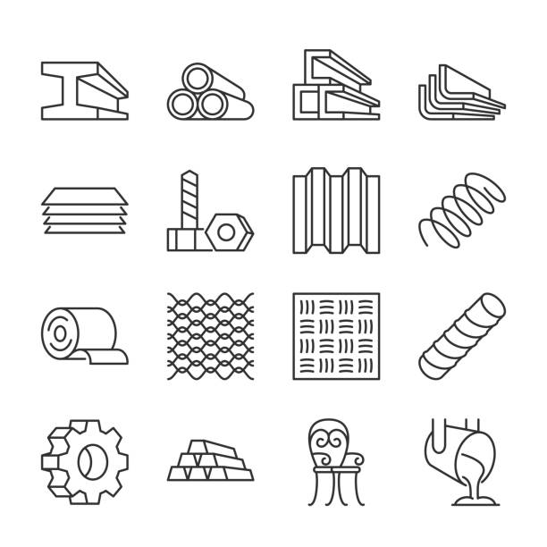 Metal products icons set. Fabrication of metal raw materials, parts, linear icon collection. T-beam, tube, channel, angle, hardware, bending, spring, mesh, metal bar, gear, casting. Line with editable Metal products icons set. Fabrication of metal raw materials, parts, linear icon collection. T-beam, tube, channel, angle, hardware, bending, spring, mesh, metal bar, gear, casting. Editable stroke metal icon stock illustrations