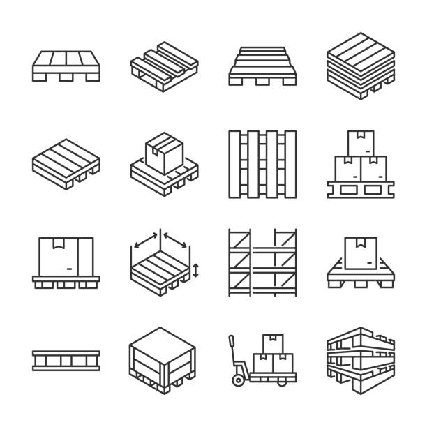 zestaw ikon palet. palety magazynowe dla firm i produkcji przemysłowej, systemy magazynowe. linia z edytowalnym obrysem - pallet stock illustrations