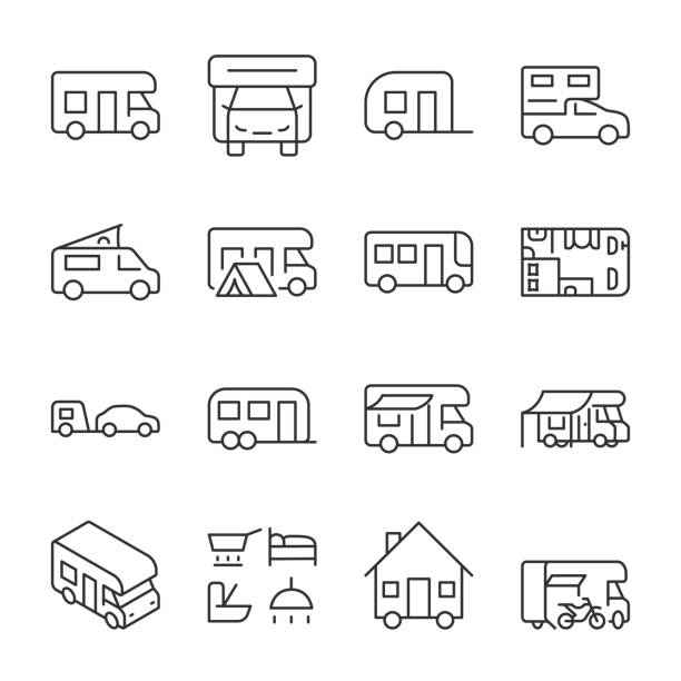 ilustrações de stock, clip art, desenhos animados e ícones de motorhome icons set. motor homes on wheels. different variants of a mobile home with a sleeping place, linear icon collection. line with editable stroke - mobile home symbol computer icon motor home
