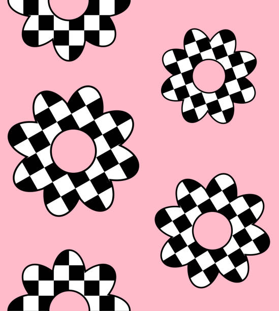 Vector seamless pattern of flat flower with chess board checkered texture Vector seamless pattern of flat flower with chess board checkered texture isolated on pink background ska stock illustrations