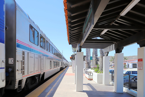 Amtrak Pacific Surfliner train passing through San Clemente Train Station.