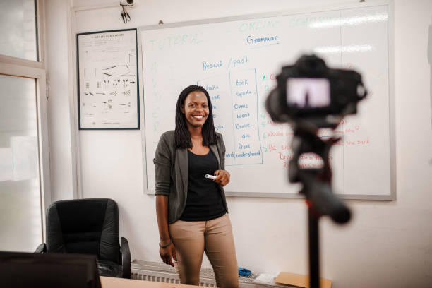 istock Black female teacher holding online class 1406988149