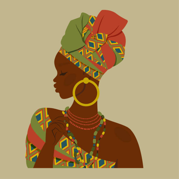 African beautiful woman. Female ethnicity character in national dress, ornaments, turban.  Portrait art. Young African American girl for avatar, card, fashion, beauty. Vector cartoon flat Illustration African beautiful woman. Female ethnicity character in national dress, ornaments, turban.  Portrait art. Young African American girl for avatar, card, fashion, beauty. Vector cartoon flat Illustration ear piercing clip art stock illustrations
