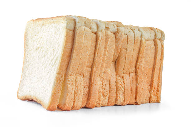 istock Slices of white square shaped bread isolated on white background 1406992374