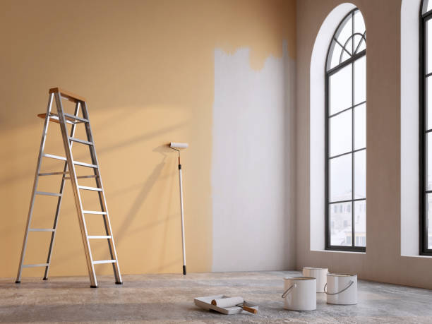 istock Painting empty room wall in brown color.Concept for home renovation.3d rendering 1406994504