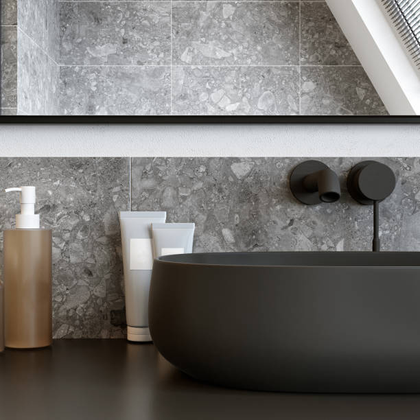 istock Black washbasin in the interior of a modern bathroom. 3d rendering. Loft style. 1406995713