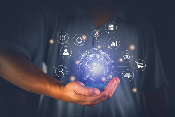 istock Man hands hold the virtual world. Internet connection concept with metaverse, global business and digital marketing internet connection application technology. 1406996416