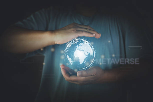istock Man hands hold the virtual world. Internet connection concept with metaverse, global business and digital marketing internet connection application technology. 1406996937