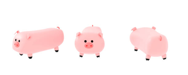 3dレンダリング。白い背景に3種類のポジションを持つ漫画の豚。3dイラストレーション - animal fat ストックフォトと画像
